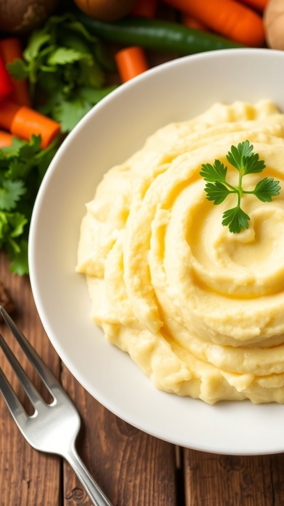 Creamy mashed matoke in a bowl, garnished with parsley, on a wooden table.